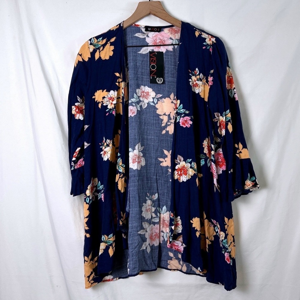 Vision Womens Kimono Navy Blue Size S Floral Linen Blend Bell Sleeve Open Front